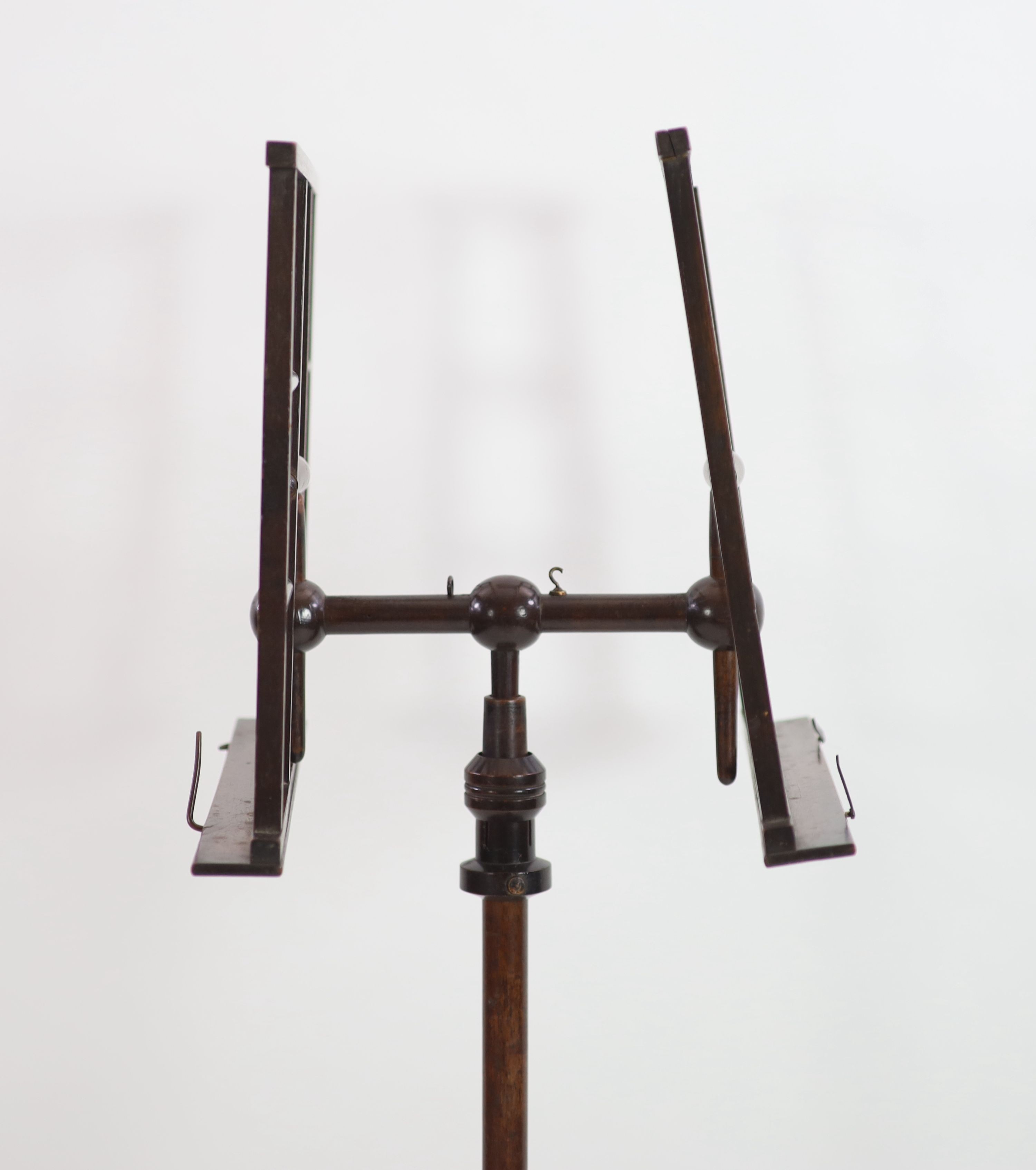 A Wheeldon's Patent turned mahogany duet stand of aesthetic design, W.41cm H.146cm